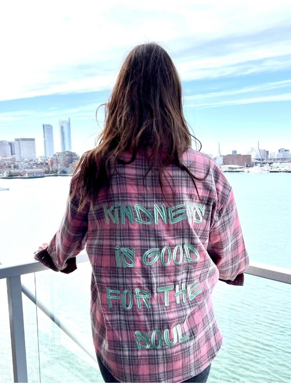 Kindness Is Good For The Soul Pink Plaid Flannel Shirt Embroidered Hearts Lumber